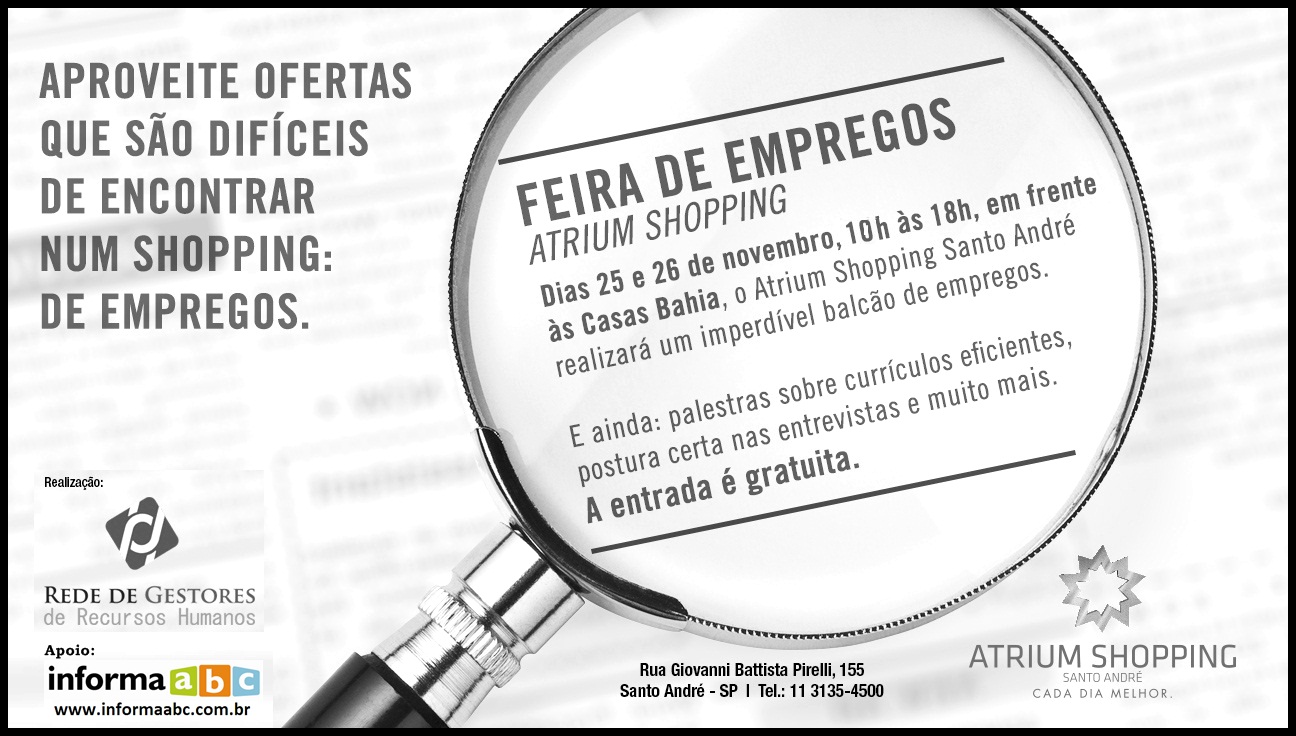 Atrium Shopping promove 1ª Feira de Emprego e Empregabilidade.