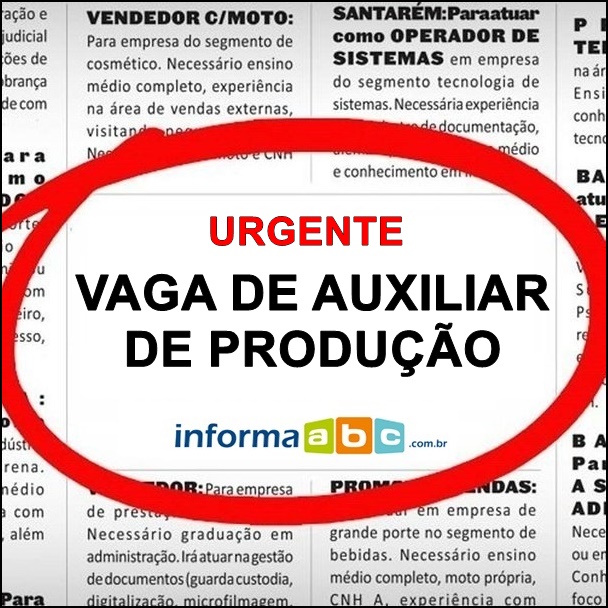 VAGA DE AUXILIAR DE PRODUÇÃO