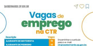 CTR DE SÃO BERNARDO DISPÕE 190 VAGAS DE EMPREGO